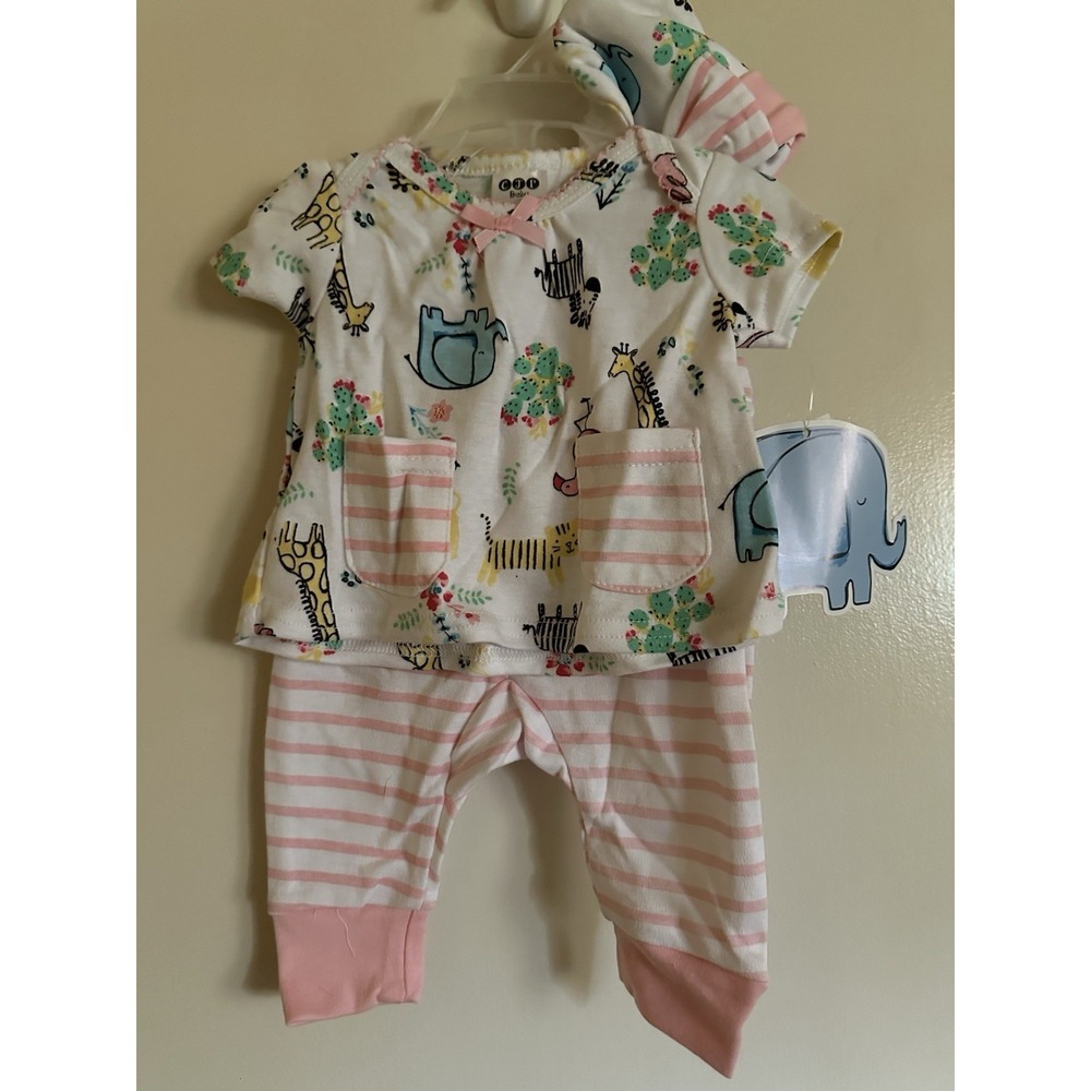 CJP Baby 3-Piece Set SS Top Pants & Cap Girls 0-3 Months NWT Safari Print/Stripe
